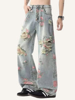 Rose Print Hole Straight Jeans