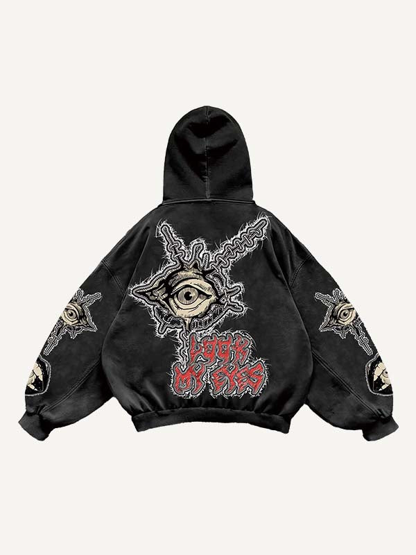 Mouth&Eye&Letter Faux Decal Print Slant Pockets Hoodie