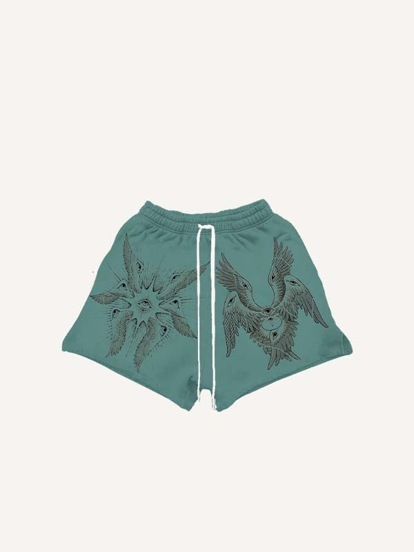 Wing&Eye&Graphic Print Drawstring Waist Shorts