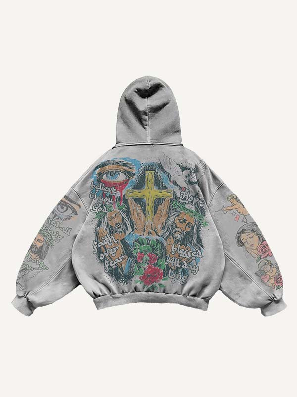 Jesus&Mary&Angel&Pigeon&Eye&Cross&Heart&Wing&Floral&Letter Print Slant Pockets Hoodie