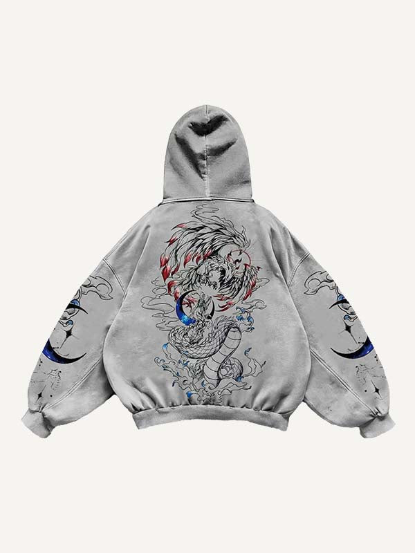 Tiger&Dragon&Phoenix&Sun&Moon Print Slant Pockets Hoodie