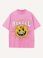 Distressed Washed Evil Sun&Letter Print Round Neck T-shirt