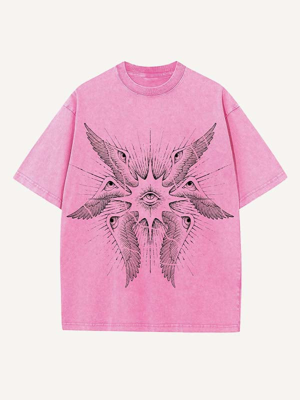 Distressed Washed Wing&Eye&Graphic Print Round Neck T-shirt