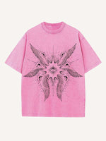Distressed Washed Wing&Eye&Graphic Print Round Neck T-shirt