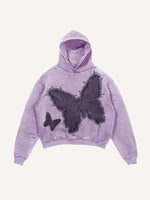 Distressed Washed Butterfly Faux Decal Print Slant Pockets Hoodie