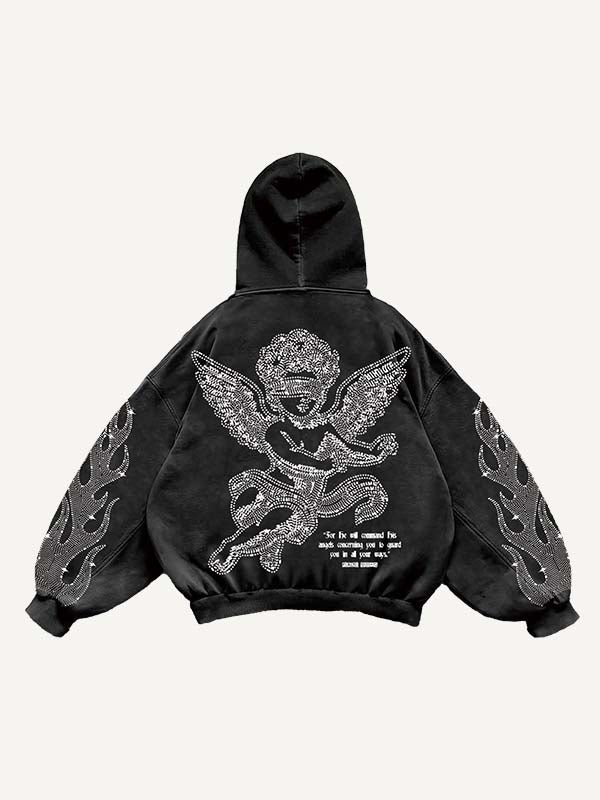 Angel&Fire&Letter Faux Rhinestones Print Slant Pockets Hoodie