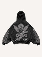 Angel&Fire&Letter Faux Rhinestones Print Slant Pockets Hoodie