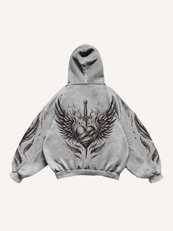 Figure&Wing&Heart&Sword Print Slant Pockets Hoodie