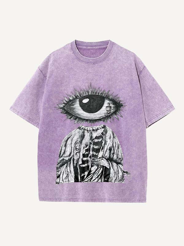 Distressed Washed Figure&Eye&Fire&Graphic Print Round Neck T-shirt