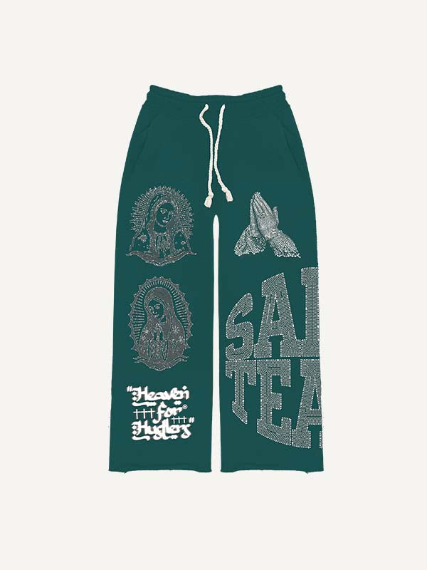 Mary&Pray&Letter Faux Rhinestones Print Elastic Waist Pants