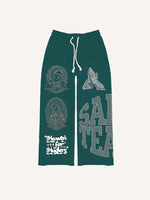 Mary&Pray&Letter Faux Rhinestones Print Elastic Waist Pants