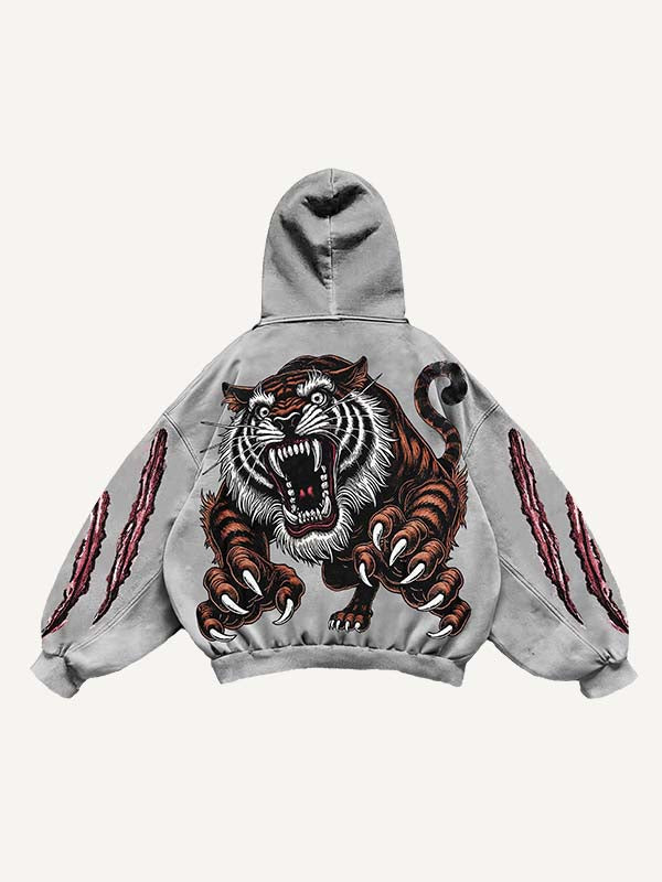 Claw Marks&Tiger&Letter Print Slant Pockets Hoodie