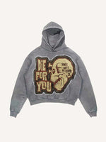 Distressed Washed Die For You Skull Faux Decal Print Slant Pockets Hoodie