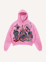 Distressed Washed Mary&Eye&Bomb&Cross&Graphic&Letter Print Slant Pockets Hoodie