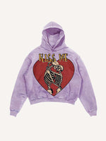 Distressed Washed Skeleton&Kiss Me Print Slant Pockets Hoodie