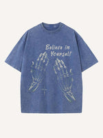 Distressed Washed Palm&Cross Print Round Neck T-shirt