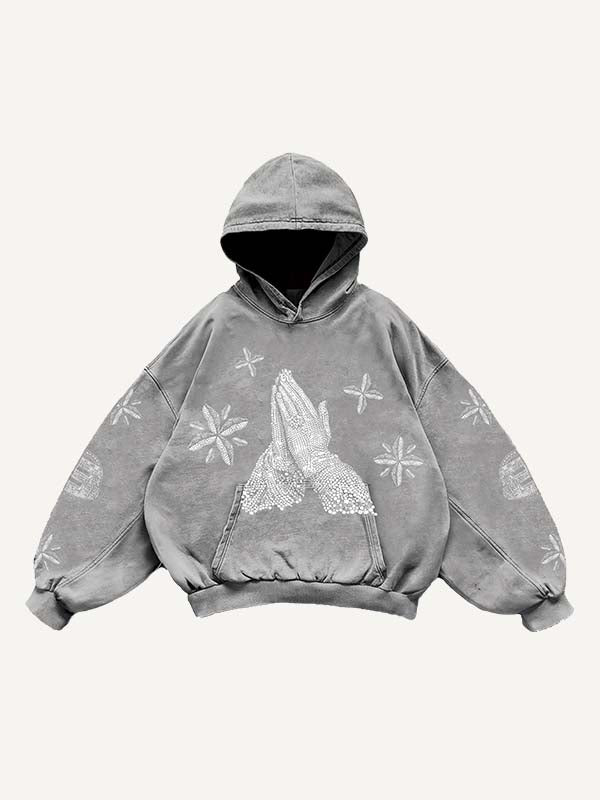 Mary&Letter Pray Faux Rhinestones Print Slant Pockets Hoodie