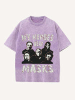 Distressed Washed Halloween Horror Print Round Neck T-shirt