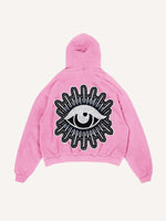 Distressed Washed Moon&Star&Eye Faux Decal Print Slant Pockets Hoodie