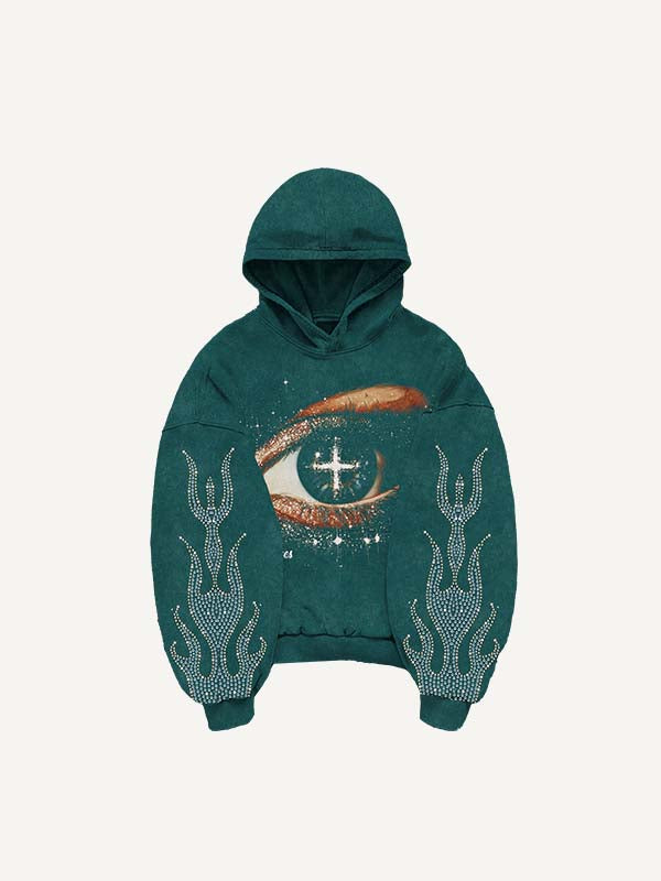 Eye&Fire&Letter Faux Rhinestones Print Slant Pockets Hoodie