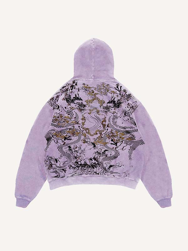 Distressed Washed Dragon Print Slant Pockets Hoodie