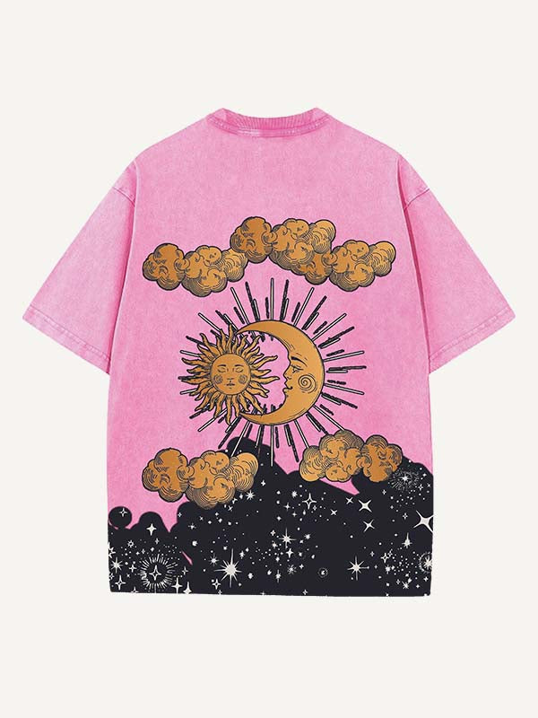Distressed Washed Sad Sun&Moon&Eye&Cloud&Graphic Print Round Neck T-shirt
