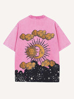 Distressed Washed Sad Sun&Moon&Eye&Cloud&Graphic Print Round Neck T-shirt