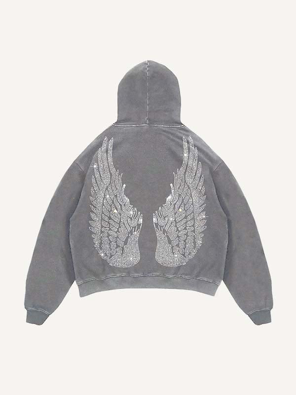 Distressed Washed Demon&Wing&Letter Faux Rhinestones Print Slant Pockets Hoodie