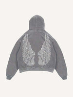 Distressed Washed Demon&Wing&Letter Faux Rhinestones Print Slant Pockets Hoodie