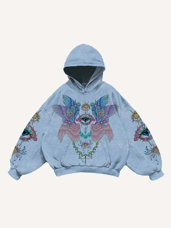 Eye&Wing Print Slant Pockets Hoodie