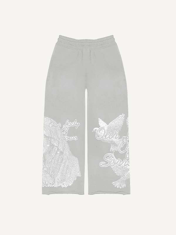 Mary&Pray&Pigeon&Letter Faux Rhinestones Print Elastic Waist Pants