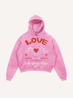 Distressed Washed Cupid&Heart&Letter Print Slant Pockets Hoodie
