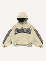 Figure&Gun&Letter Faux Decal Print Slant Pockets Hoodie