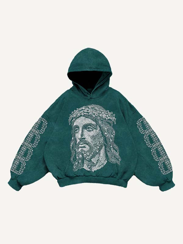 Jesus&Letter Faux Rhinestones Print Slant Pockets Hoodie
