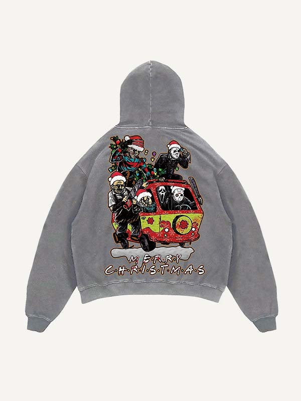 Distressed Washed Christmas Horror Print Slant Pockets Hoodie