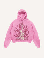 Distressed Washed Pink Fire Skeleton Print Slant Pockets Hoodie