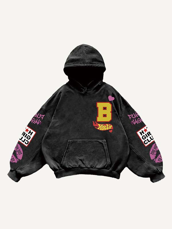 Figure&Lips&Heart&Letter Faux Decal Print Slant Pockets Hoodie