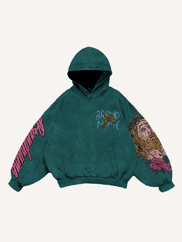 Figure&Letter&Cross Print Slant Pockets Hoodie