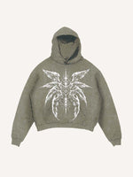 Distressed Washed Eye&Wing Print Slant Pockets Hoodie