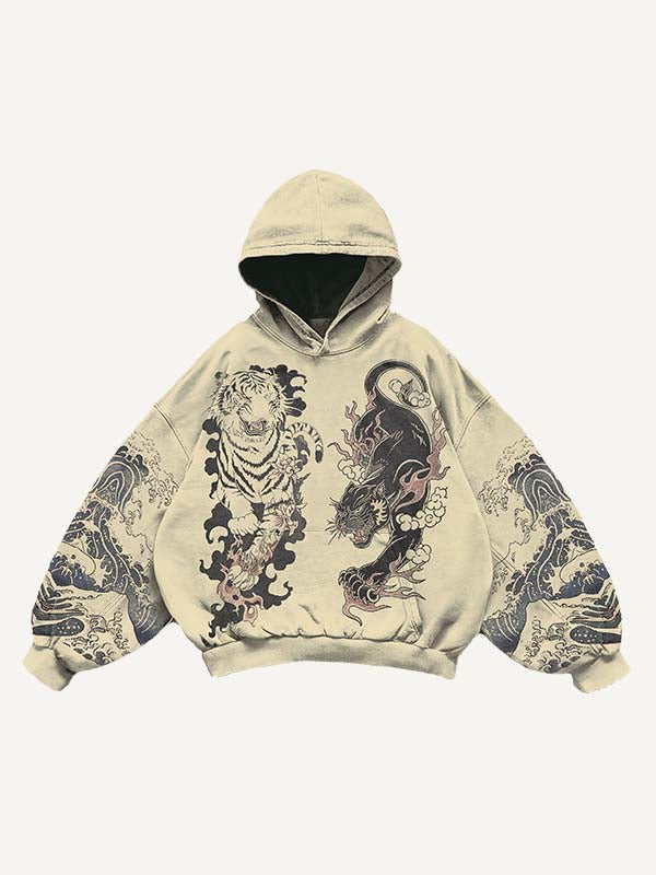 Black Panther&Tiger&Graphic Print Slant Pockets Hoodie