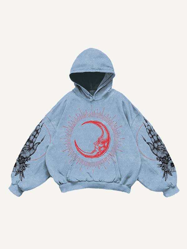 Sun&Moon&Wing&Eye&Palm Print Slant Pockets Hoodie