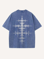 Distressed Washed Figure&Wing&Cross&Graphic Print Round Neck T-shirt