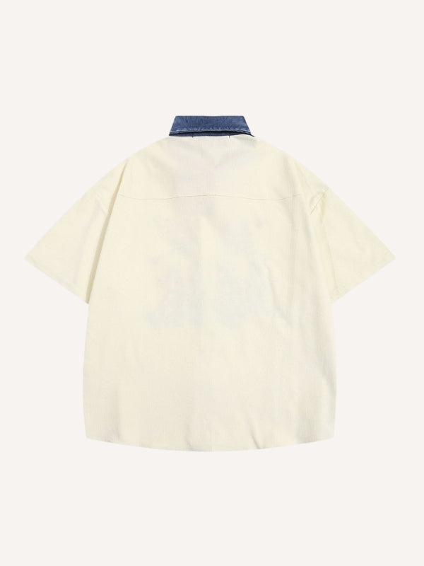 Figure&Letter Embroidery Splicing Denim Collar Shirt
