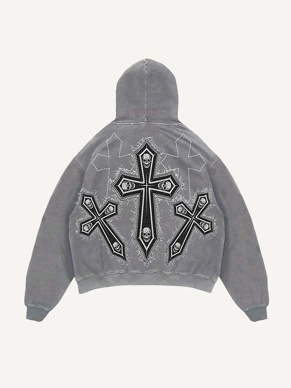 Distressed Washed Skull&Cross Faux Decal Print Slant Pockets Hoodie