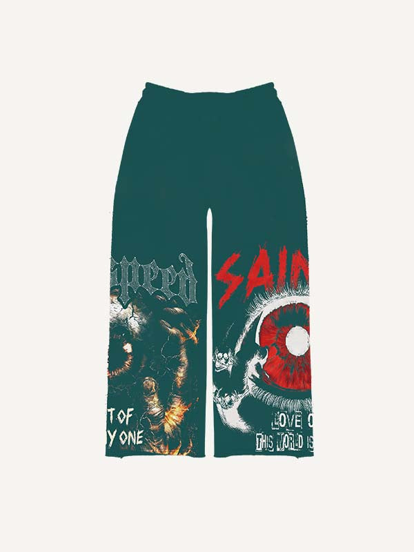 Eye&Palm&Letter Faux Rhinestones Print Elastic Waist Pants