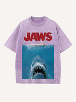 Distressed Washed Figure&Shark&Letter Print Round Neck T-shirt