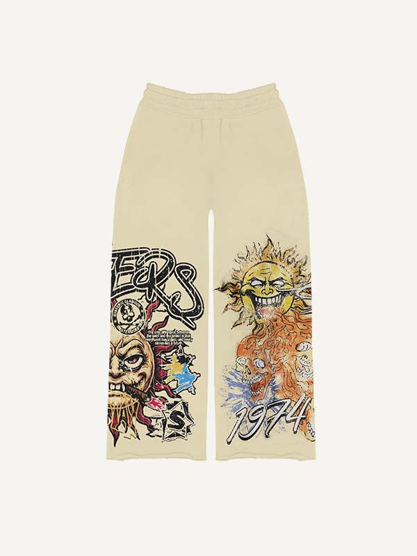 Evil Sun&Skull&Letter Print Elastic Waist Pants