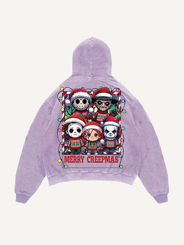 Distressed Washed Christmas Horror Print Slant Pockets Hoodie