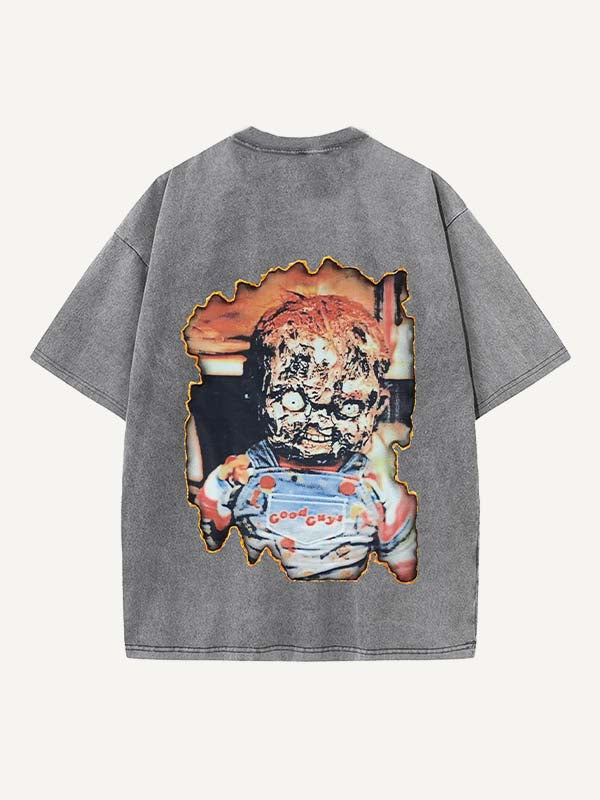 Distressed Washed Horror Print Round Neck T-shirt