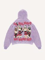 Distressed Washed Christmas Horror Print Slant Pockets Hoodie